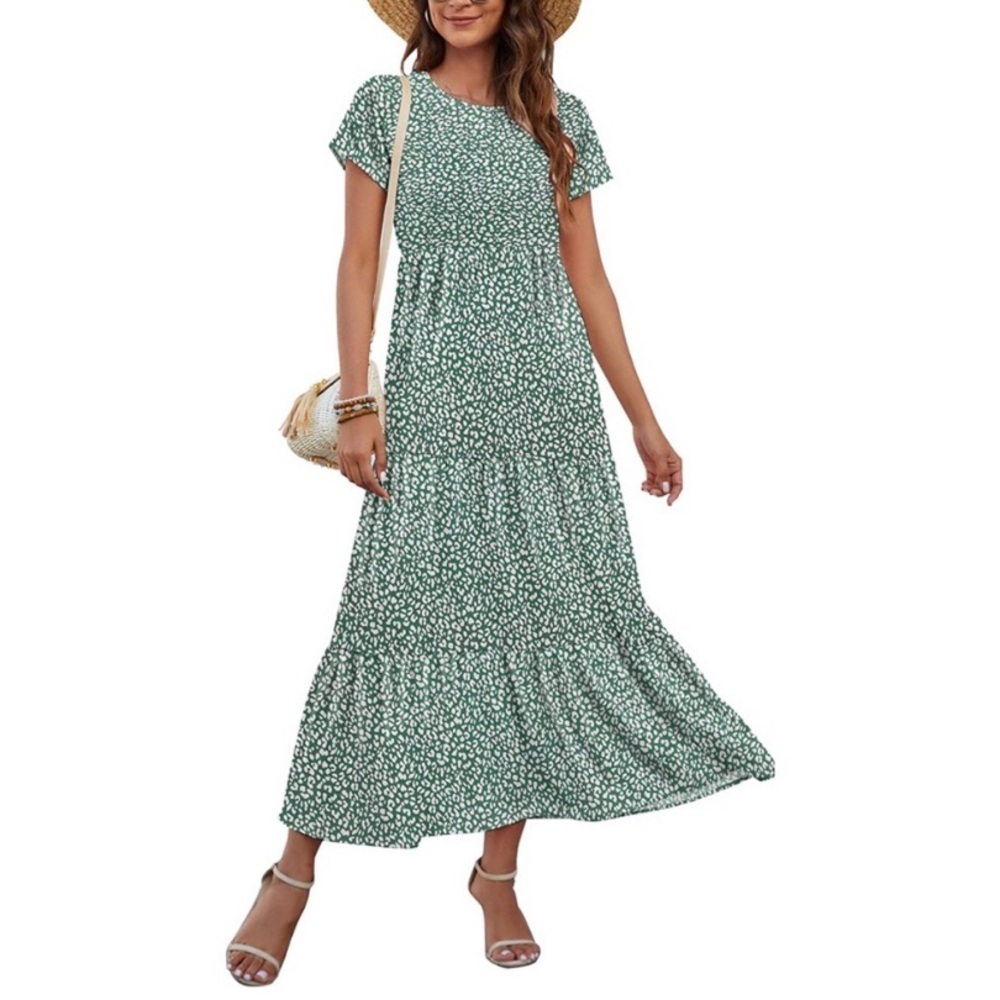 New AUSELILY Floral Tiered Maxi Dress Short Sleeve Smocked-Top size 2XL